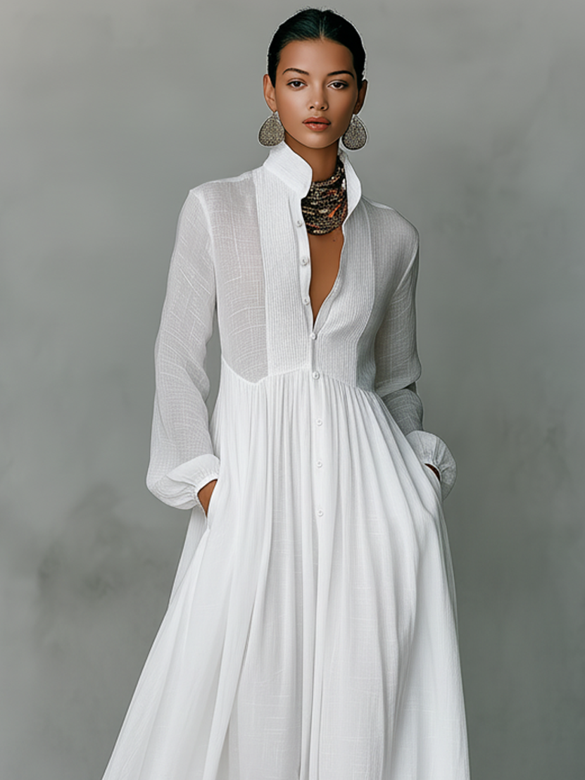 Cotton-Linen Patchwork Maxi Dress — Long Sleeve