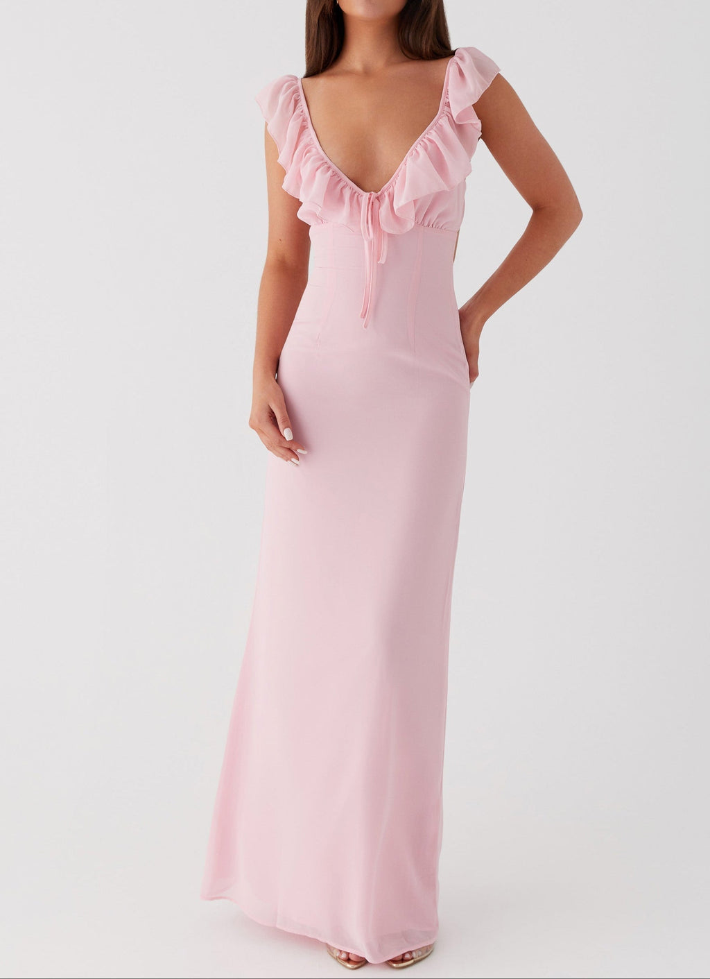 Elegant Evening Wear | Pink Maxi Dress with V-Neck & Frill Accents | Flattering Silhouette for Special Occasions