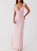 Elegant Evening Wear | Pink Maxi Dress with V-Neck & Frill Accents | Flattering Silhouette for Special Occasions