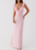 Elegant Evening Wear | Pink Maxi Dress with V-Neck & Frill Accents | Flattering Silhouette for Special Occasions