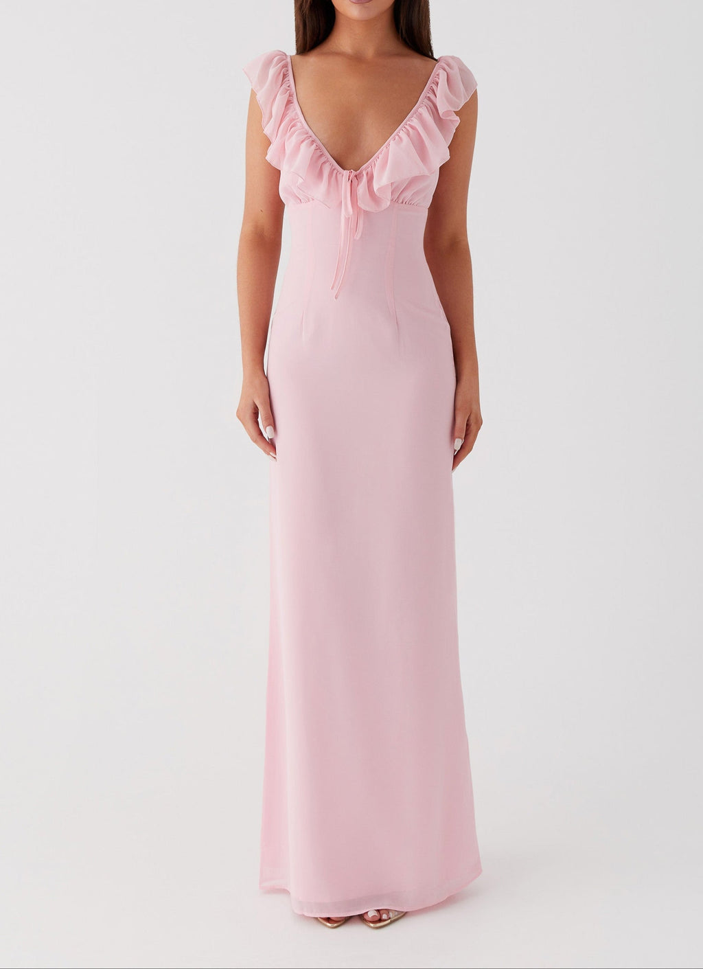 Elegant Evening Wear | Pink Maxi Dress with V-Neck & Frill Accents | Flattering Silhouette for Special Occasions