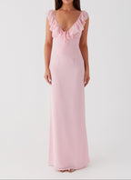 Elegant Evening Wear | Pink Maxi Dress with V-Neck & Frill Accents | Flattering Silhouette for Special Occasions