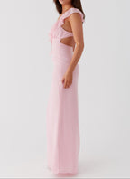 Elegant Evening Wear | Pink Maxi Dress with V-Neck & Frill Accents | Flattering Silhouette for Special Occasions