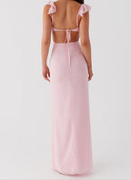 Elegant Evening Wear | Pink Maxi Dress with V-Neck & Frill Accents | Flattering Silhouette for Special Occasions