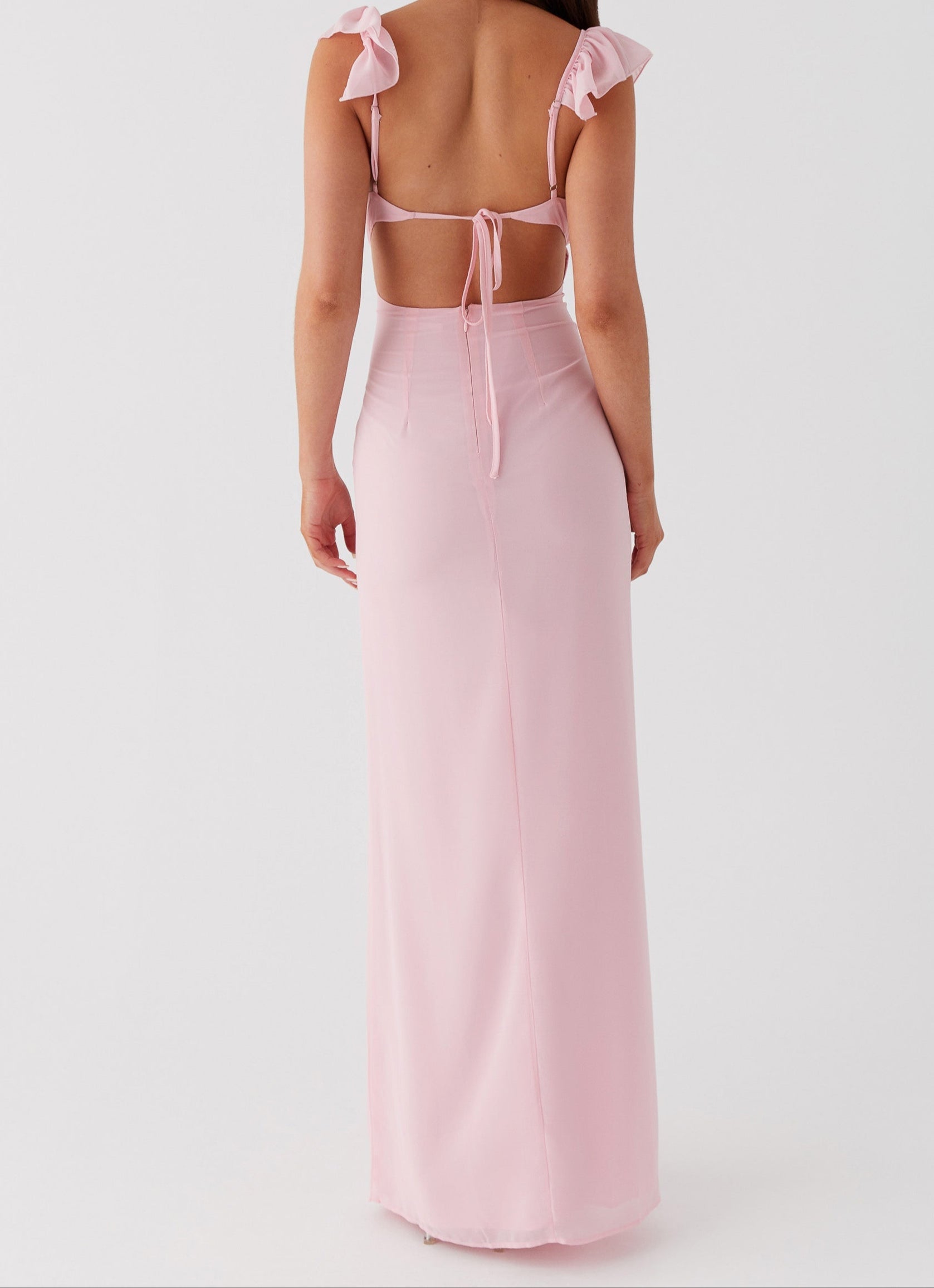 Elegant Evening Wear | Pink Maxi Dress with V-Neck & Frill Accents | Flattering Silhouette for Special Occasions
