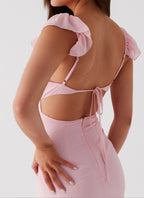 Elegant Evening Wear | Pink Maxi Dress with V-Neck & Frill Accents | Flattering Silhouette for Special Occasions