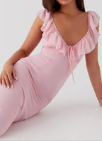 Elegant Evening Wear | Pink Maxi Dress with V-Neck & Frill Accents | Flattering Silhouette for Special Occasions