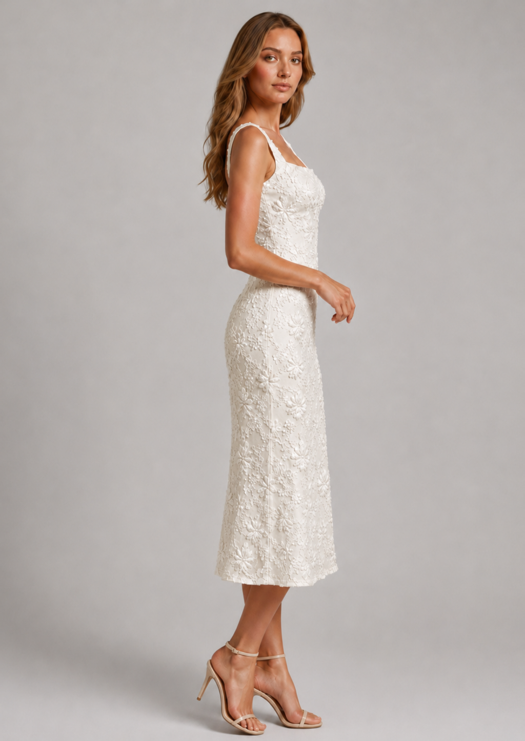 Floral Lace Midi Dress — Square Neck A-Line