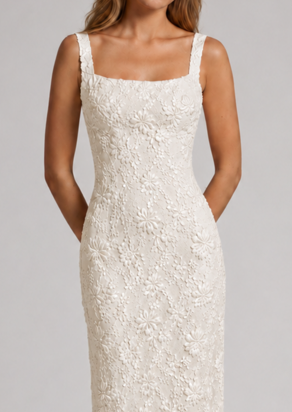Floral Lace Midi Dress — Square Neck A-Line