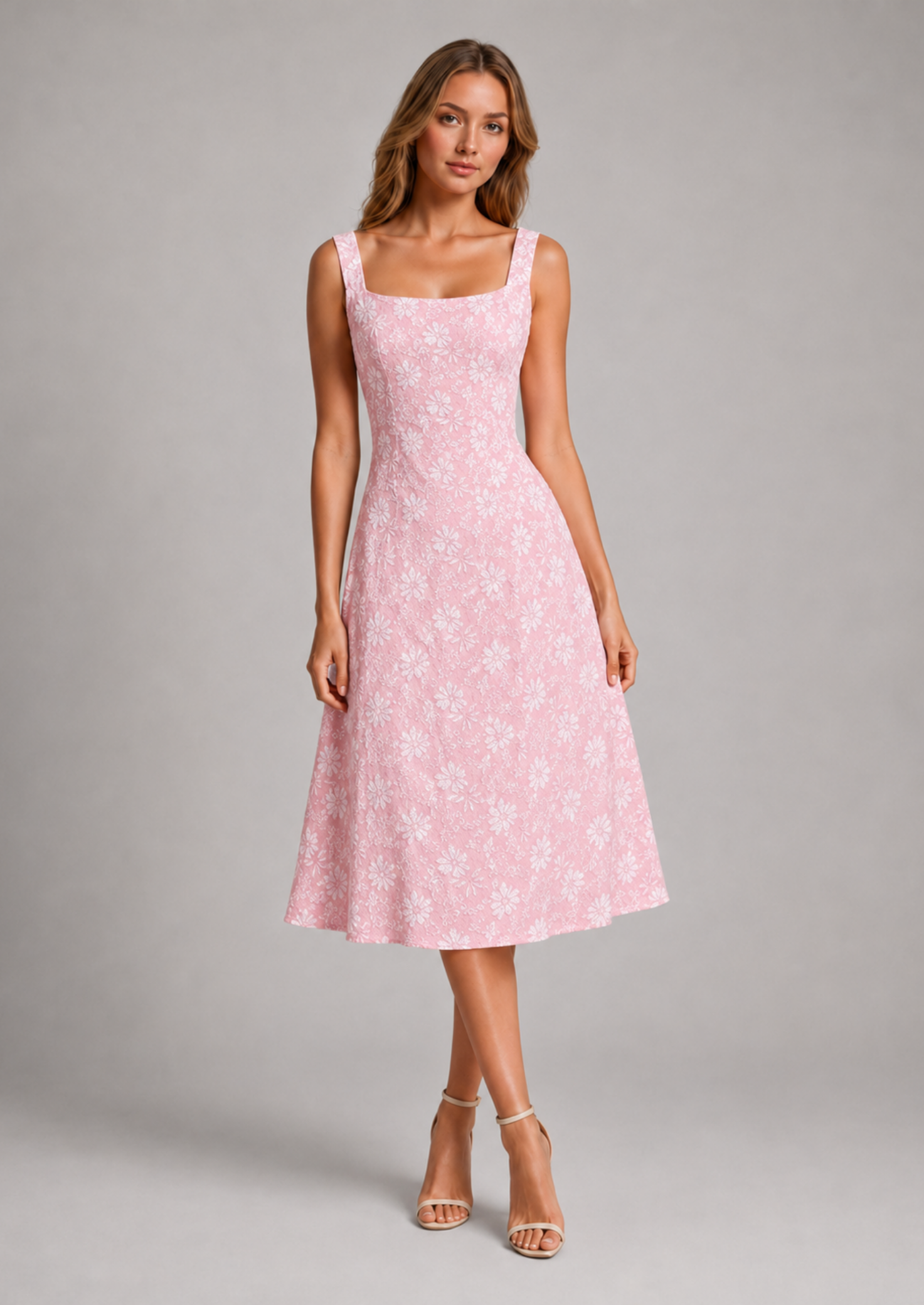 Floral Lace Midi Dress — Square Neck A-Line