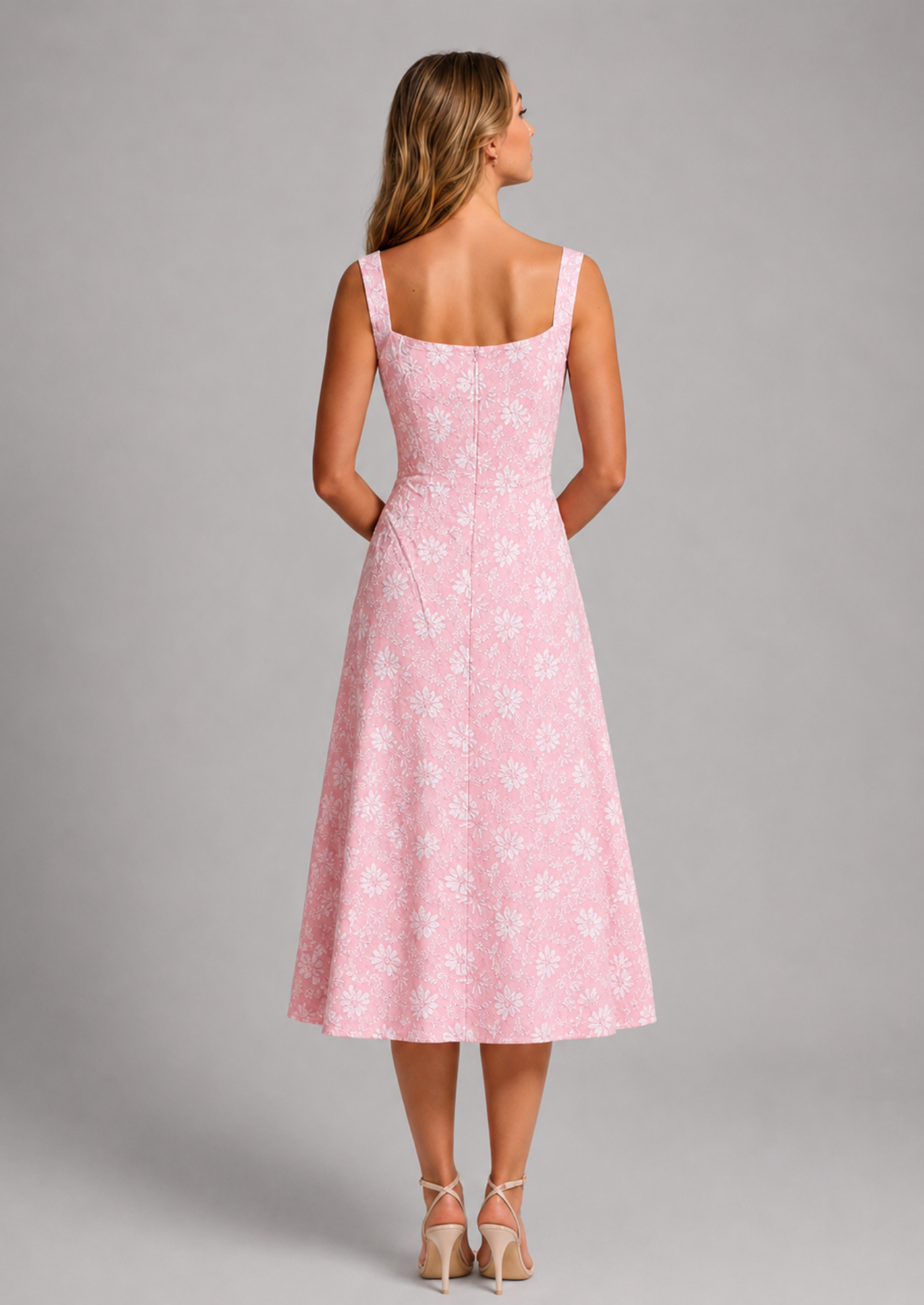Floral Lace Midi Dress — Square Neck A-Line