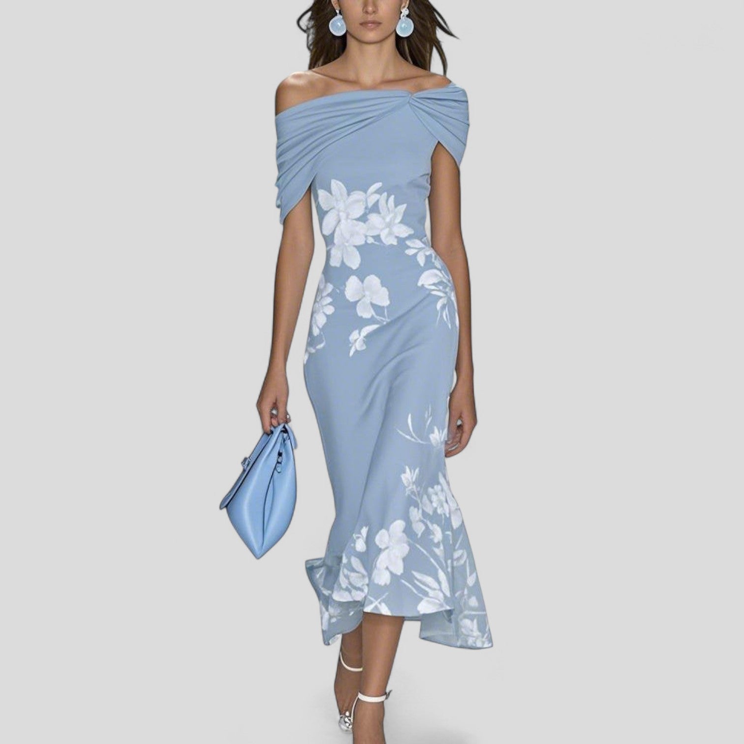 Elegant Floral Midi Dress with Flared Hem & Ruffle Finish for Effortless Style