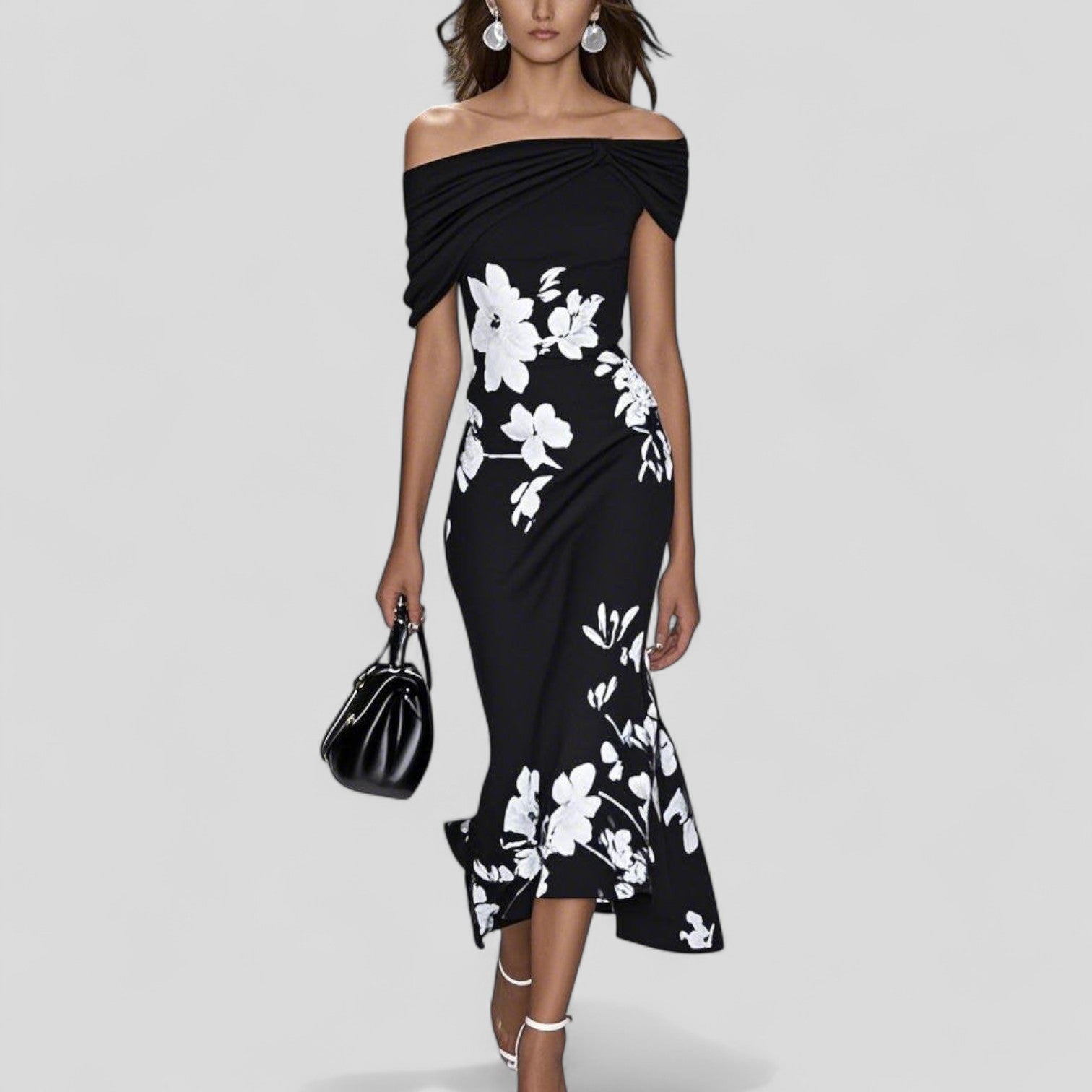 Elegant Floral Midi Dress with Flared Hem & Ruffle Finish for Effortless Style