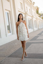 Elegant Halter Mini Dress | Textured Tencel Fabric with Flower Trim for Effortless Style