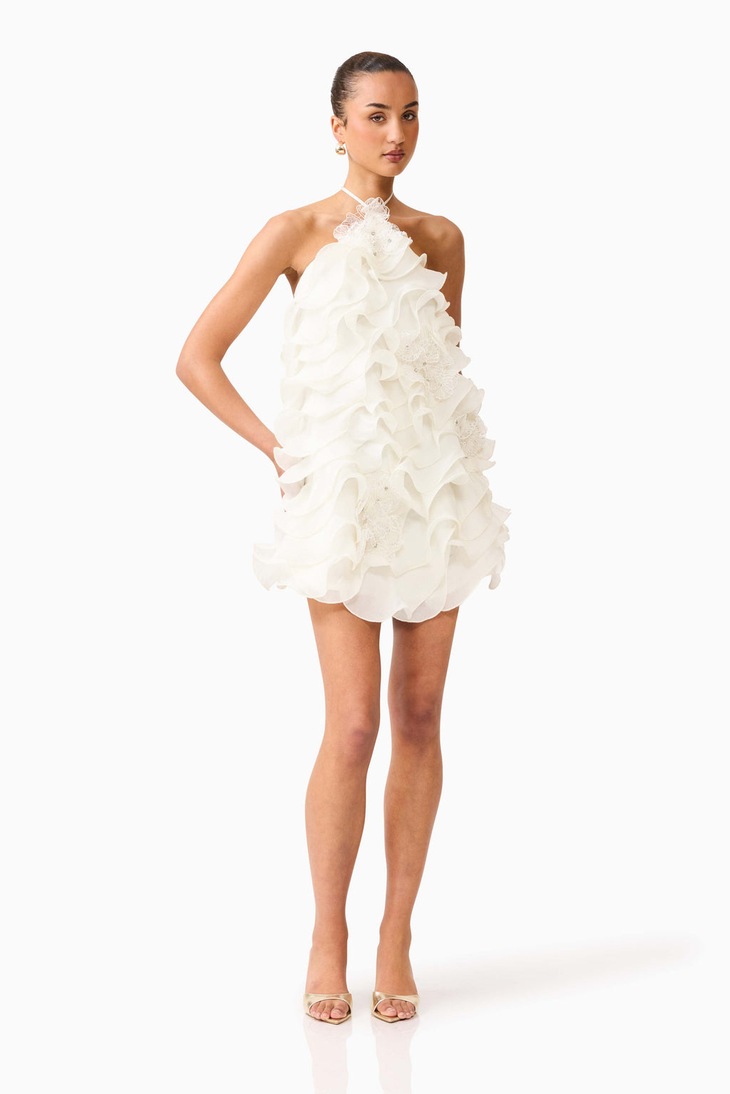 Elegant Halter Mini Dress | Textured Tencel Fabric with Flower Trim for Effortless Style