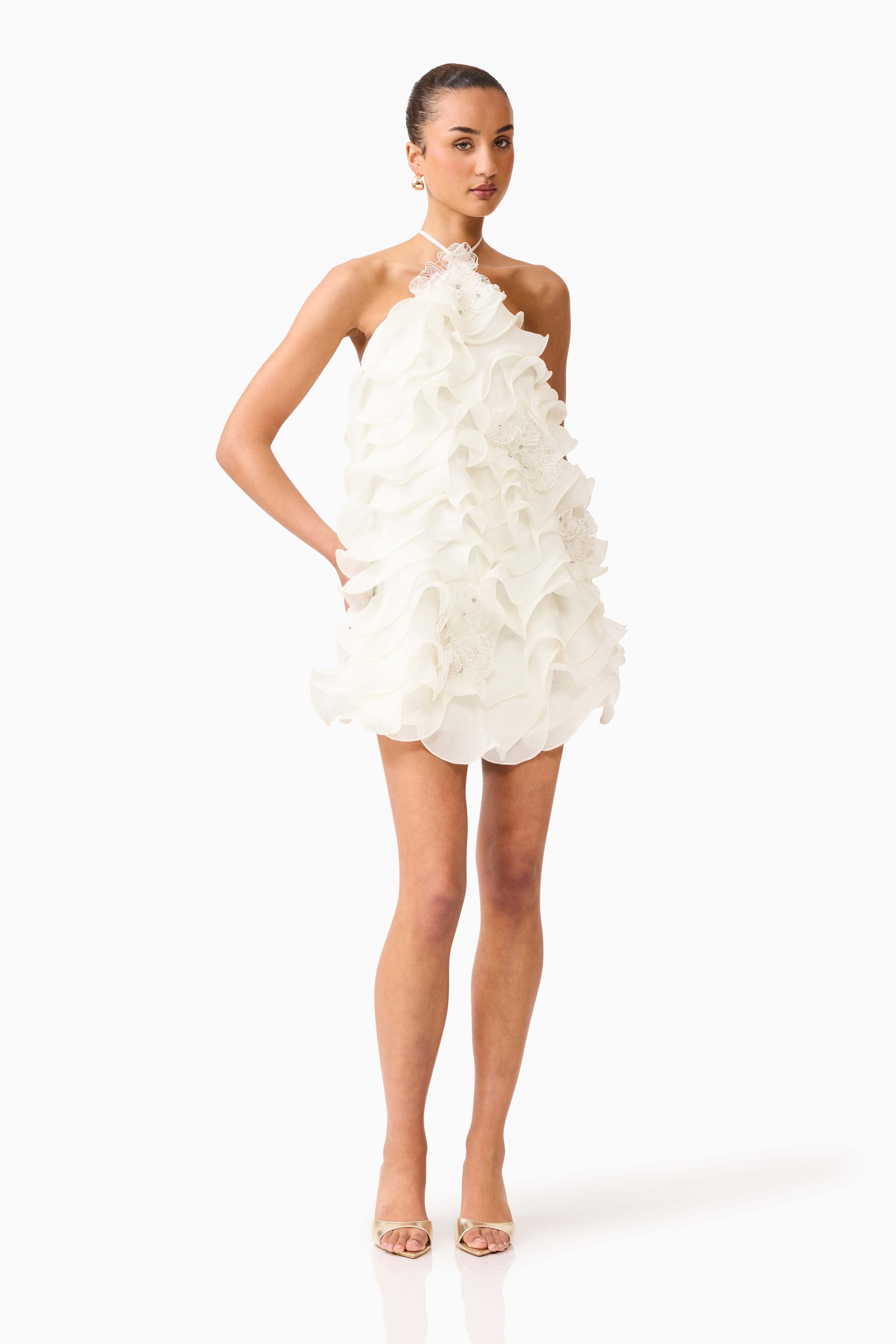 Elegant Halter Mini Dress | Textured Tencel Fabric with Flower Trim for Effortless Style