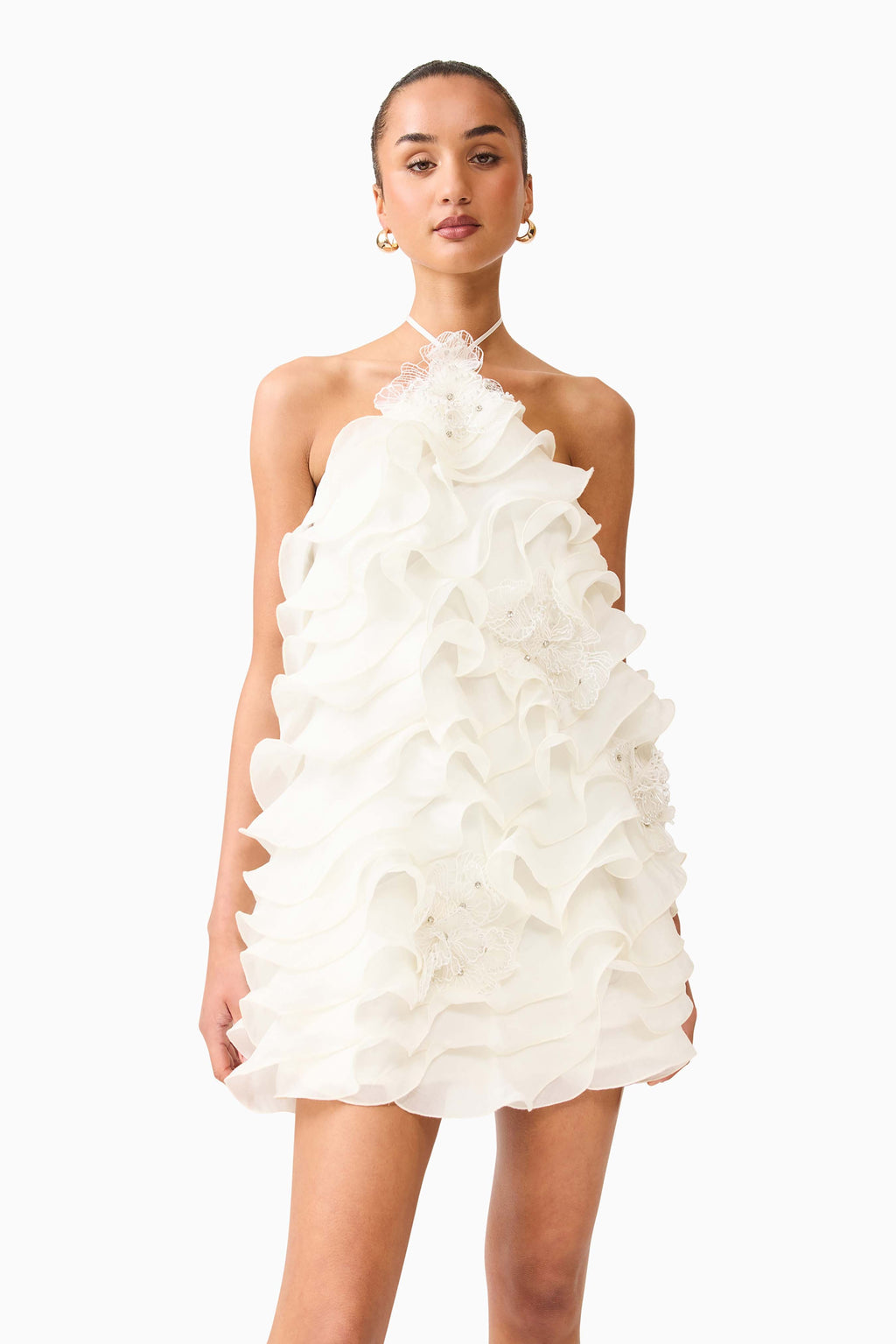 Elegant Halter Mini Dress | Textured Tencel Fabric with Flower Trim for Effortless Style