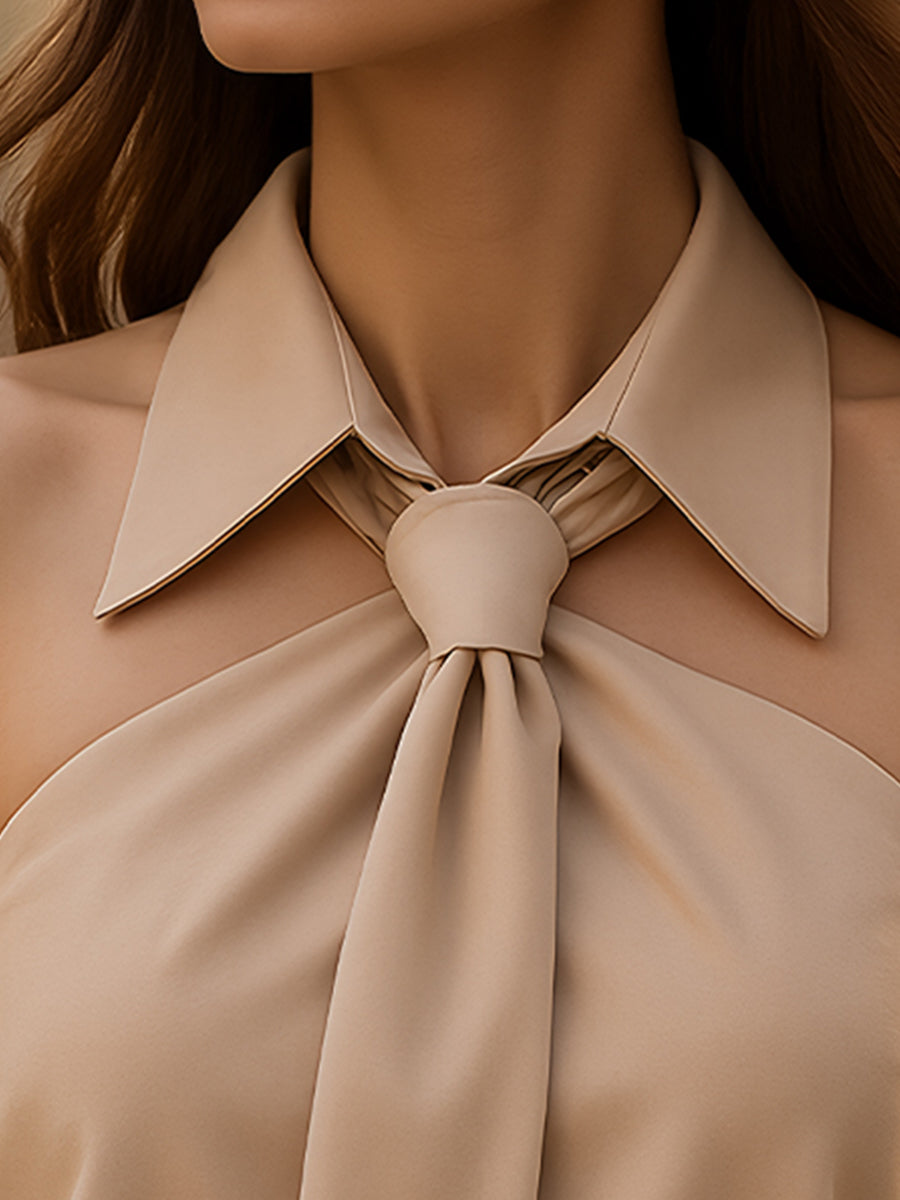 Khaki Neck-Tie Blouse — Women's Versatile Top