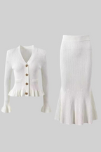 Elegant Knit Set | Women's Knit Two Piece Set with Ruffled Hem | Flattering Cardigan and High-Waisted Skirt for Timeless Style