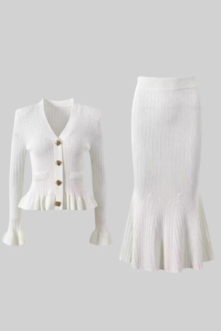 Elegant Knit Set | Women's Knit Two Piece Set with Ruffled Hem | Flattering Cardigan and High-Waisted Skirt for Timeless Style