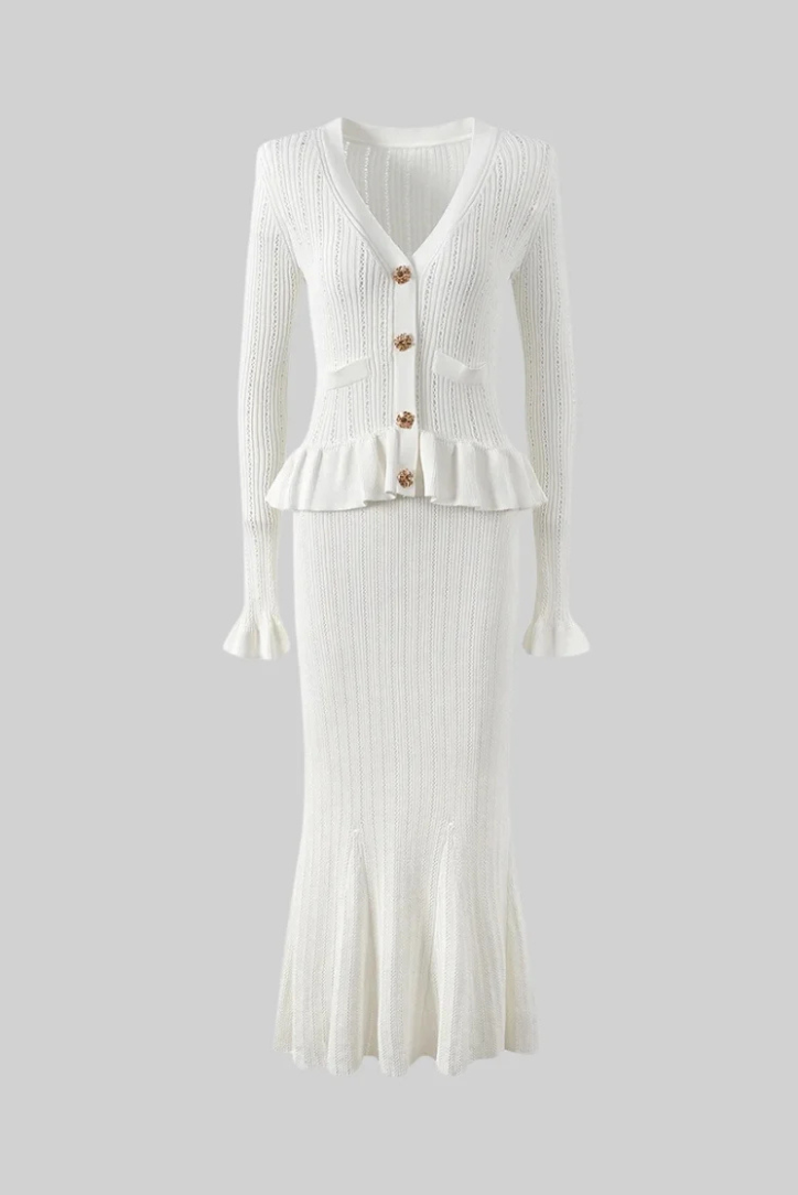Elegant Knit Set | Women's Knit Two Piece Set with Ruffled Hem | Flattering Cardigan and High-Waisted Skirt for Timeless Style