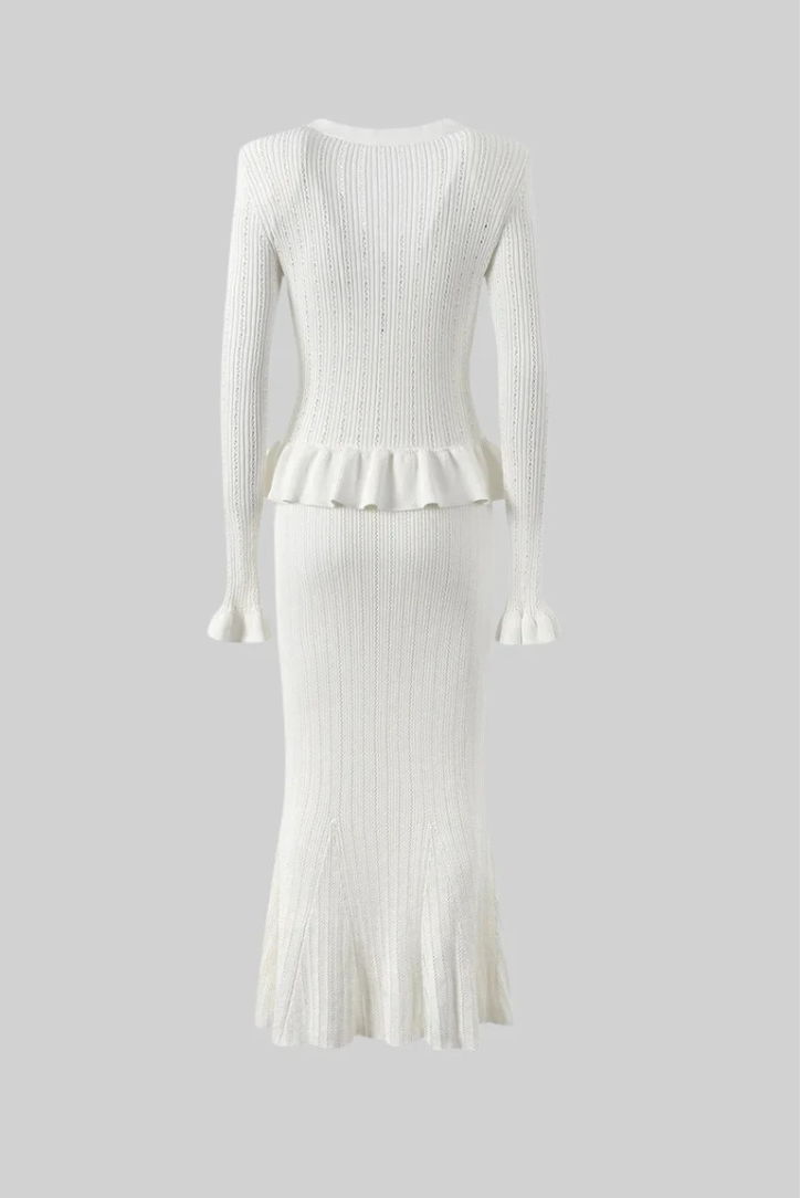 Elegant Knit Set | Women's Knit Two Piece Set with Ruffled Hem | Flattering Cardigan and High-Waisted Skirt for Timeless Style
