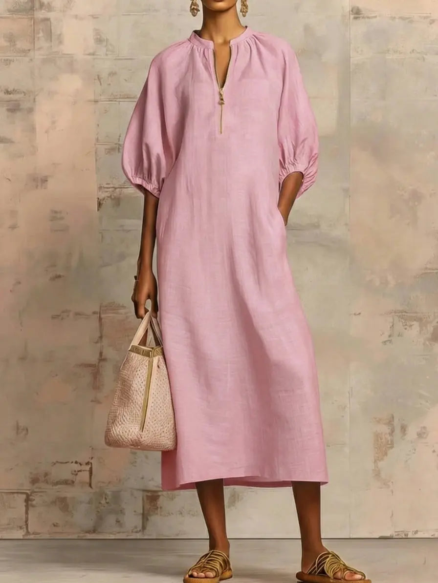 Elegant Linen-Cotton Midi Dress with Zippered Collar | Casual Style for Effortless Comfort
