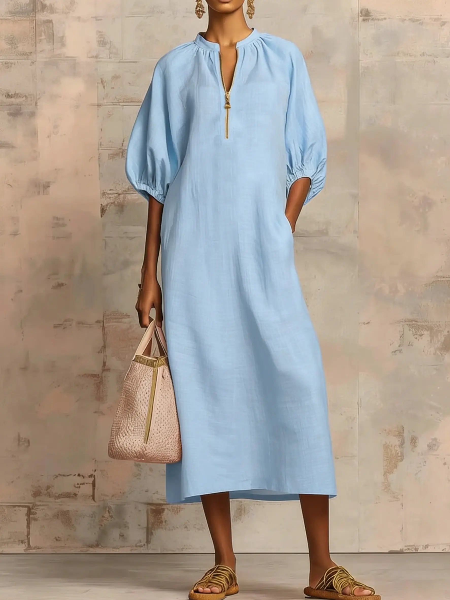 Elegant Linen-Cotton Midi Dress with Zippered Collar | Casual Style for Effortless Comfort
