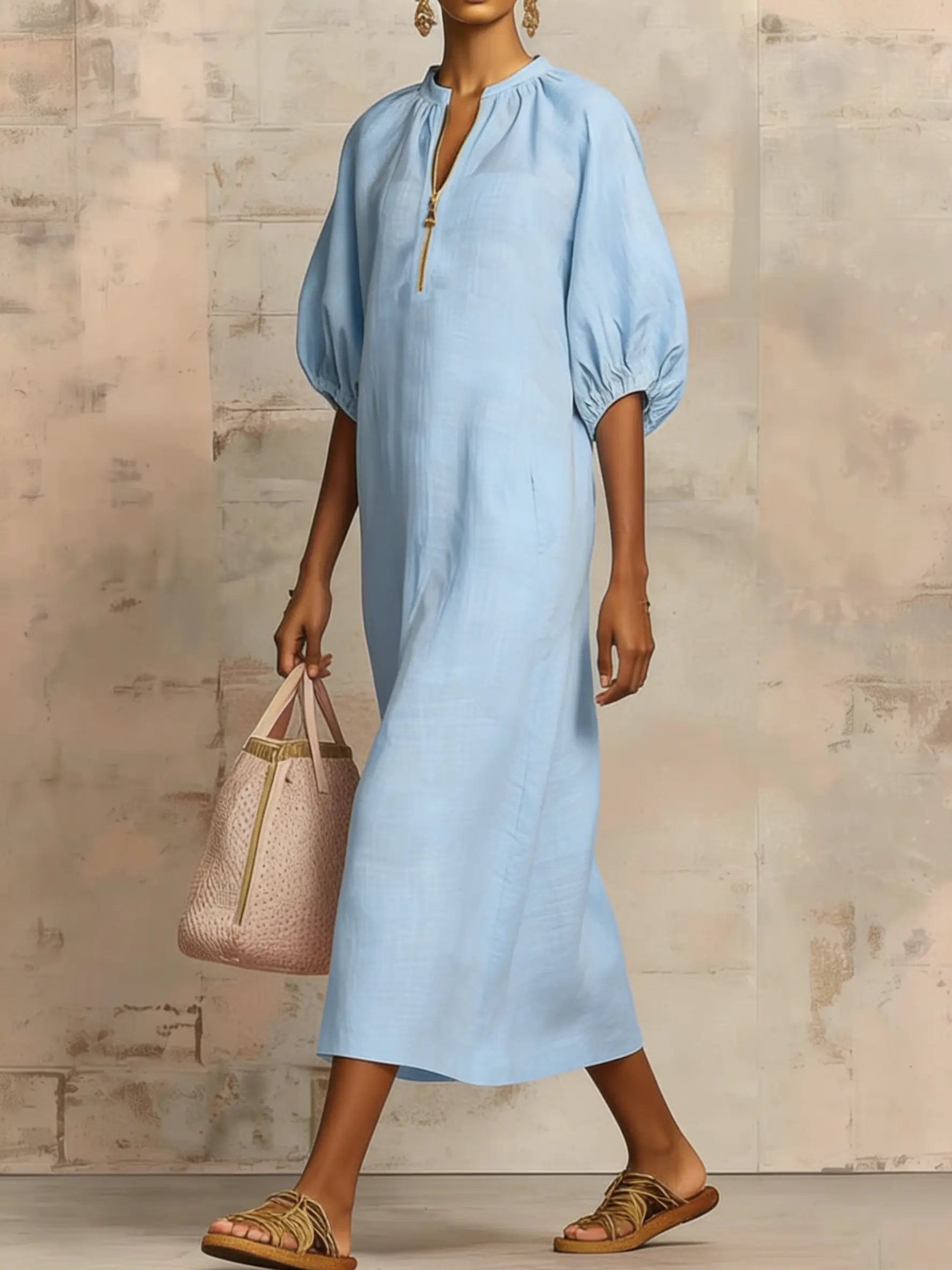 Elegant Linen-Cotton Midi Dress with Zippered Collar | Casual Style for Effortless Comfort