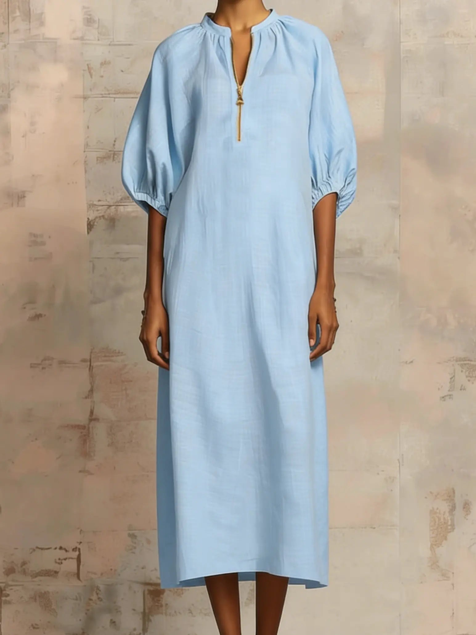 Elegant Linen-Cotton Midi Dress with Zippered Collar | Casual Style for Effortless Comfort