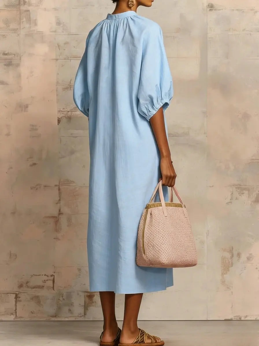 Elegant Linen-Cotton Midi Dress with Zippered Collar | Casual Style for Effortless Comfort