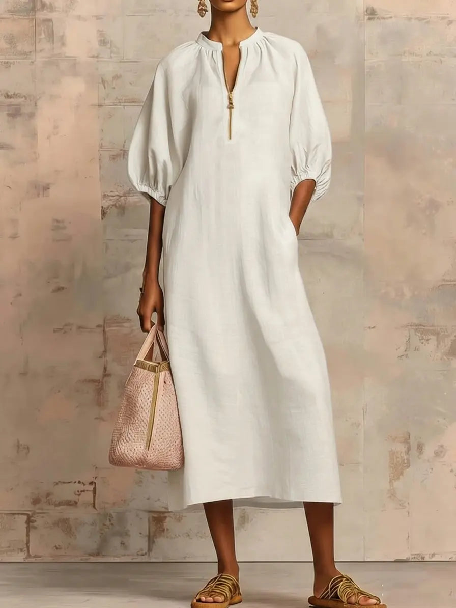 Elegant Linen-Cotton Midi Dress with Zippered Collar | Casual Style for Effortless Comfort