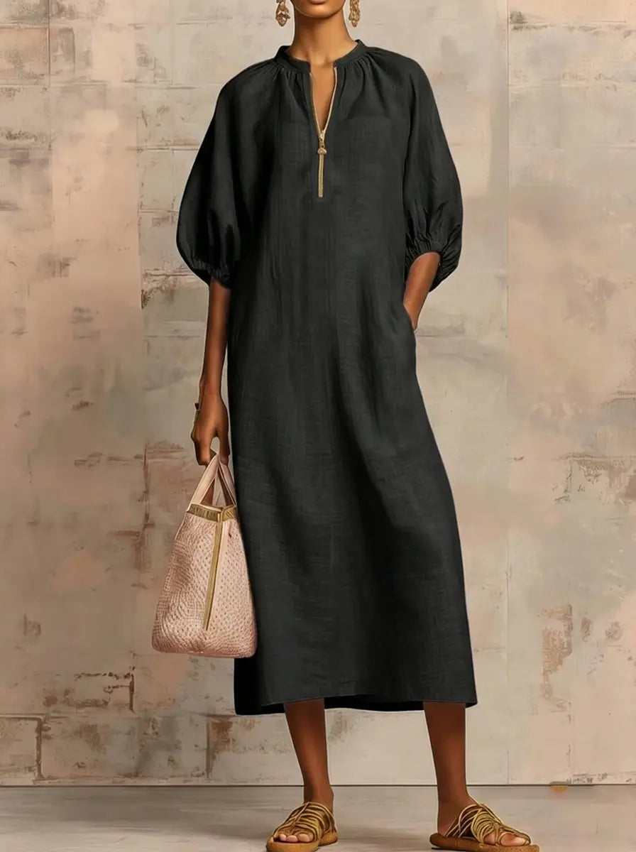 Elegant Linen-Cotton Midi Dress with Zippered Collar | Casual Style for Effortless Comfort