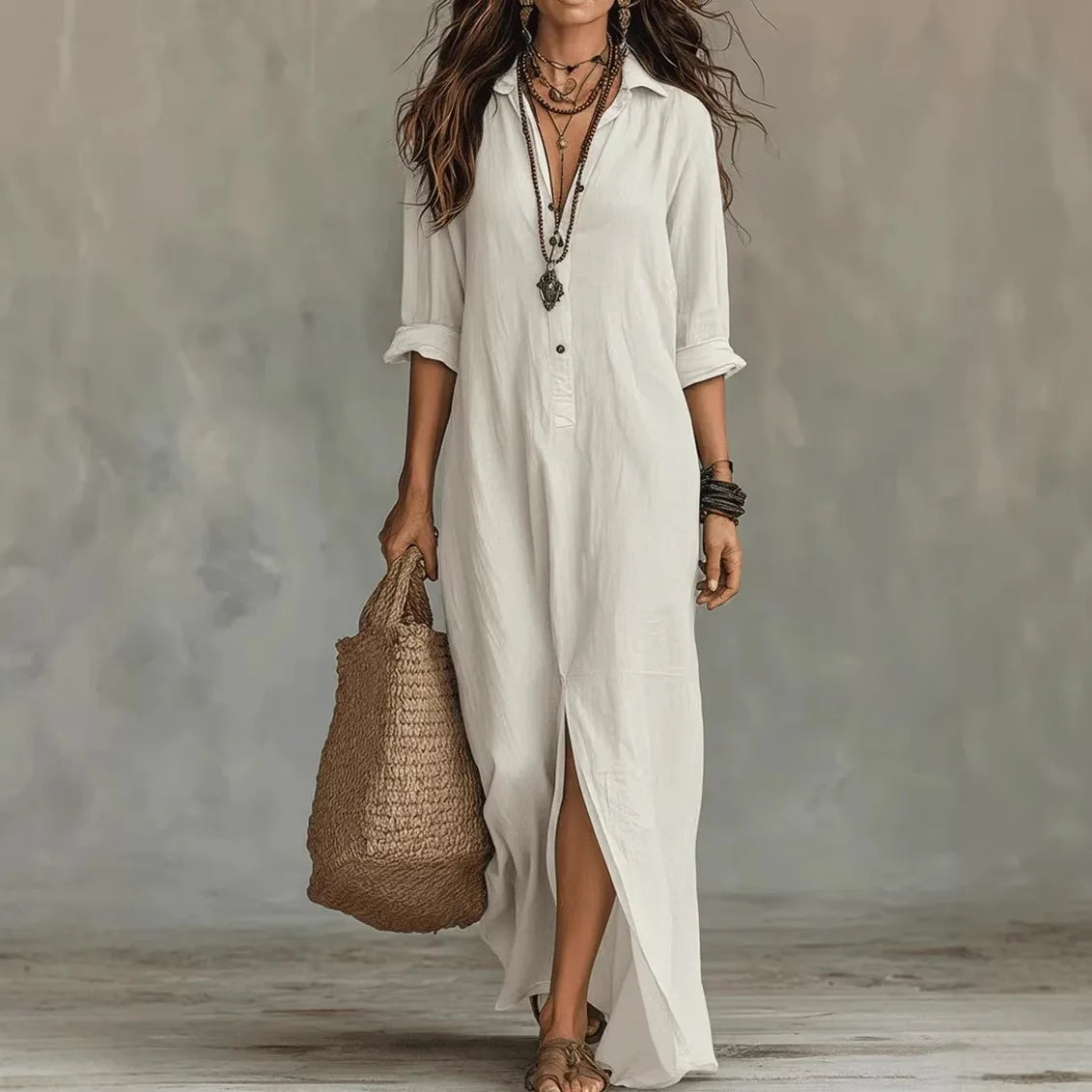 Elegant Linen Maxi Dress with Rolled Sleeves & Front Split