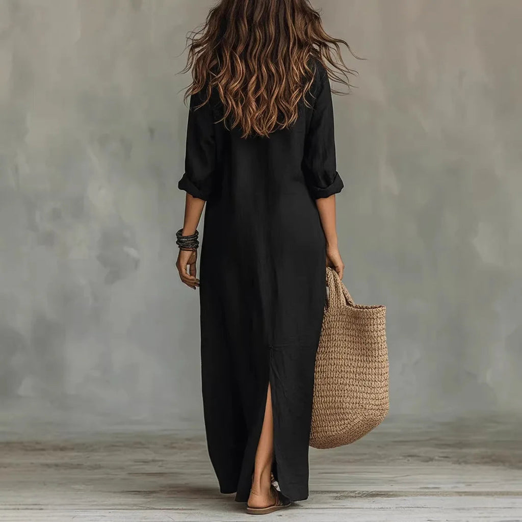 Elegant Linen Maxi Dress with Rolled Sleeves & Front Split