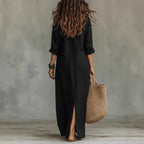Elegant Linen Maxi Dress with Rolled Sleeves & Front Split