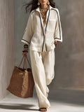 Elegant Linen Two Piece Set | Breathable Button-Down Shirt & Wide Leg Trousers for Effortless Style