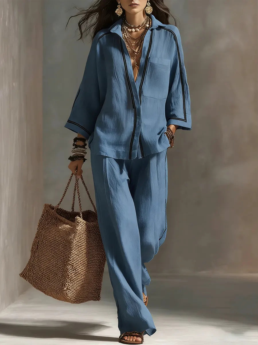 Elegant Linen Matching Set | Breathable Button-Down & Wide Leg Co-Ord