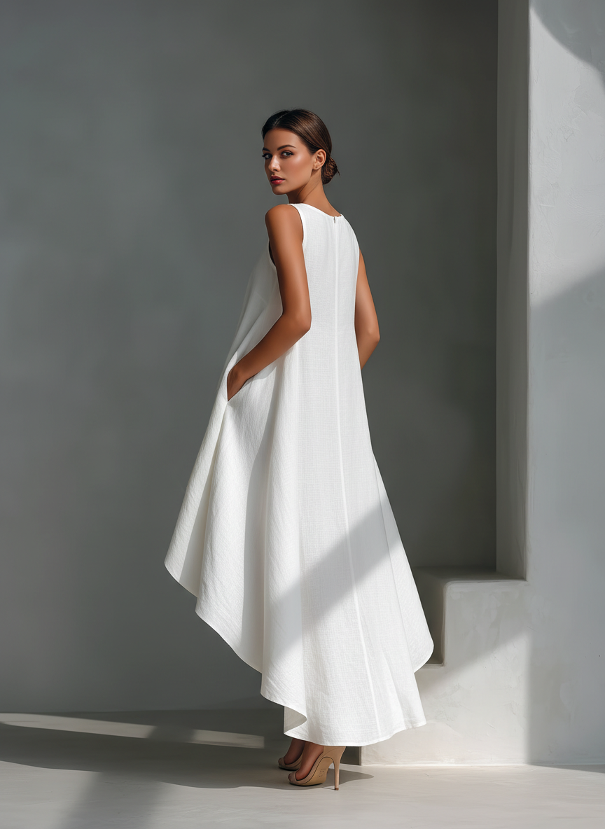Elegant Linen Women's Dress | Sleeveless Asymmetric Midi for Effortless Summer Style