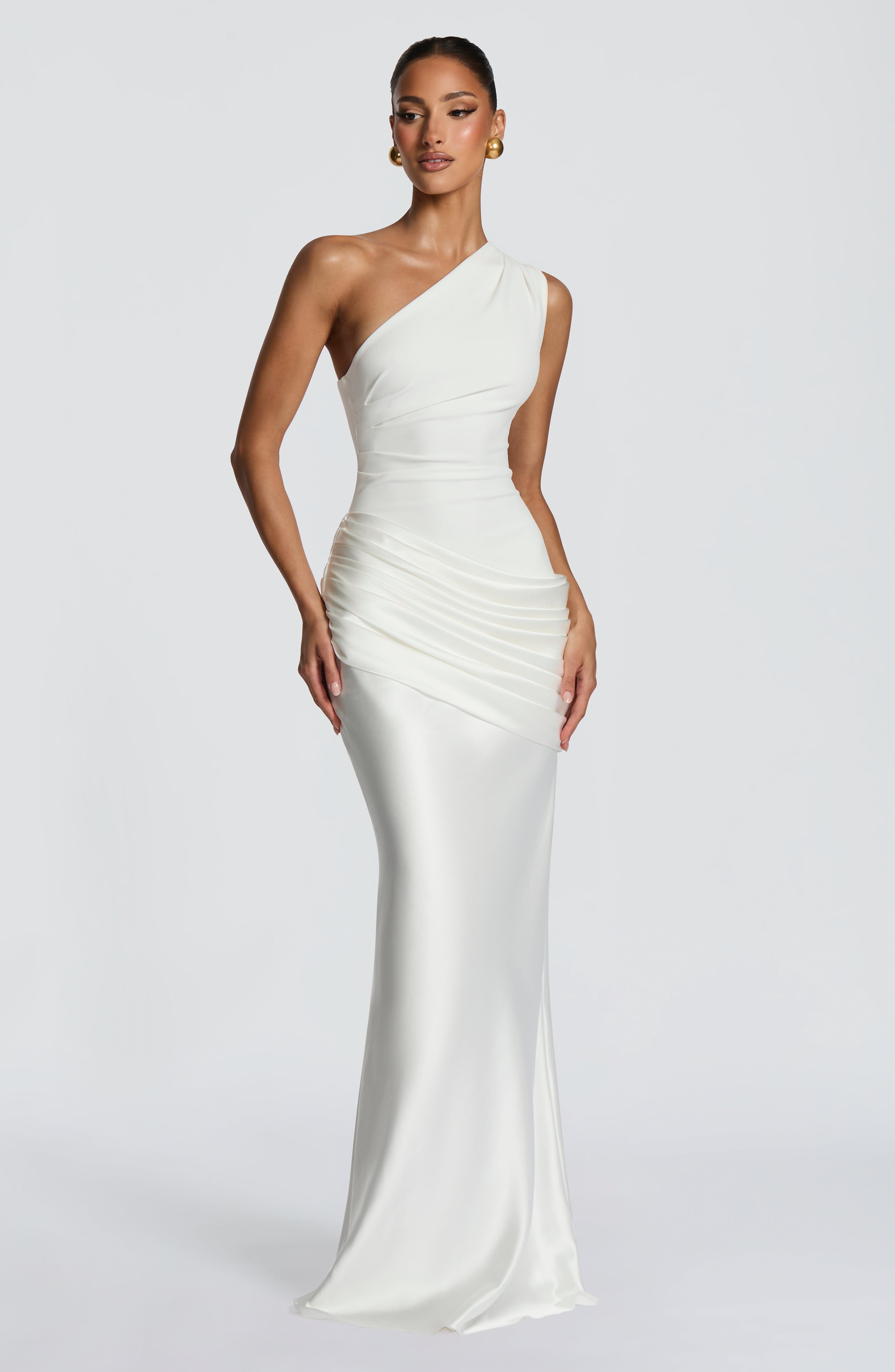 Elegant Maxi Dress | One-Shoulder Long Dress with Asymmetric Pleating | Floor-Length Evening Gown for Formal Occasions