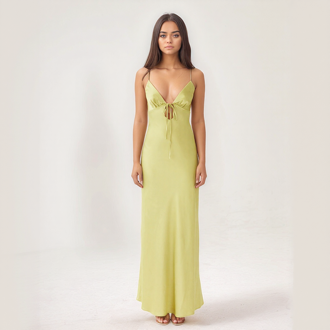 Elegant Maxi Dress | Satin A-Line Gown with Adjustable Tie-Back | Flattering Full-Length Design for Any Occasion