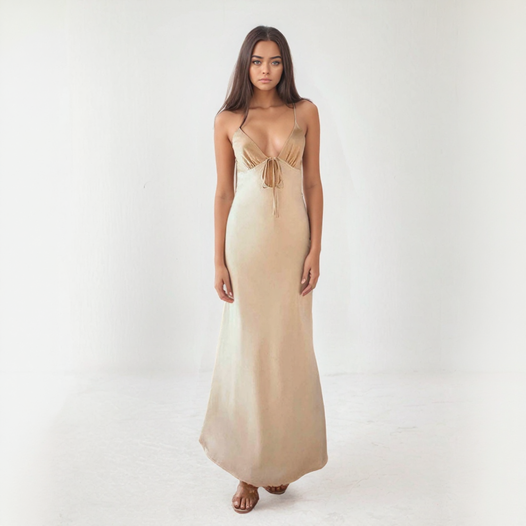 Elegant Maxi Dress | Satin A-Line Gown with Adjustable Tie-Back | Flattering Full-Length Design for Any Occasion