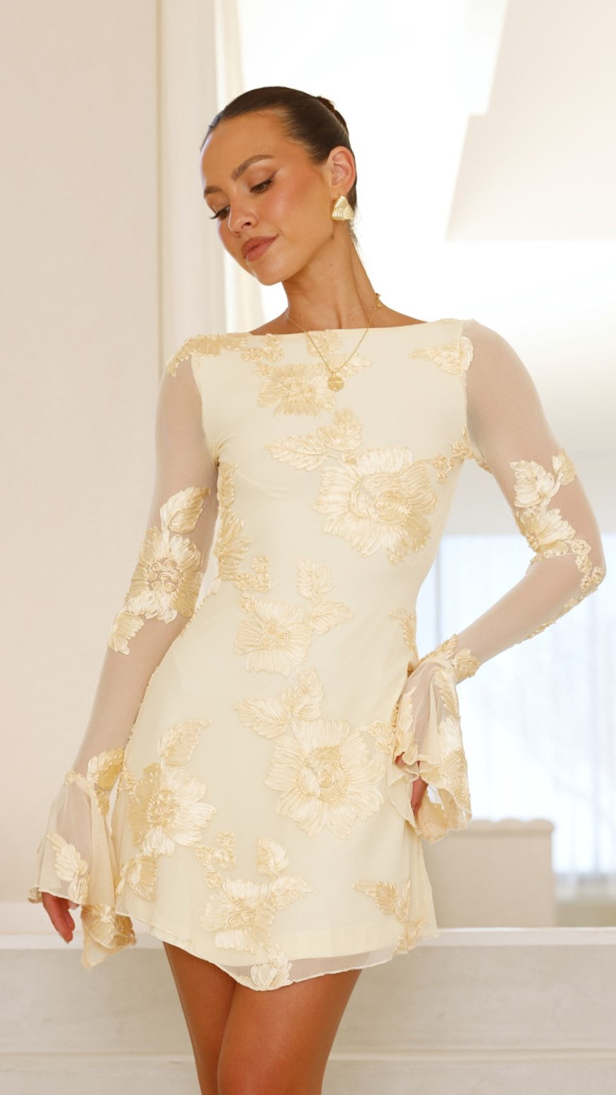 Elegant Mini Dress | Women's Summer Dress with Sheer Flounce Sleeves | Floral Mesh Design for Sophisticated Charm