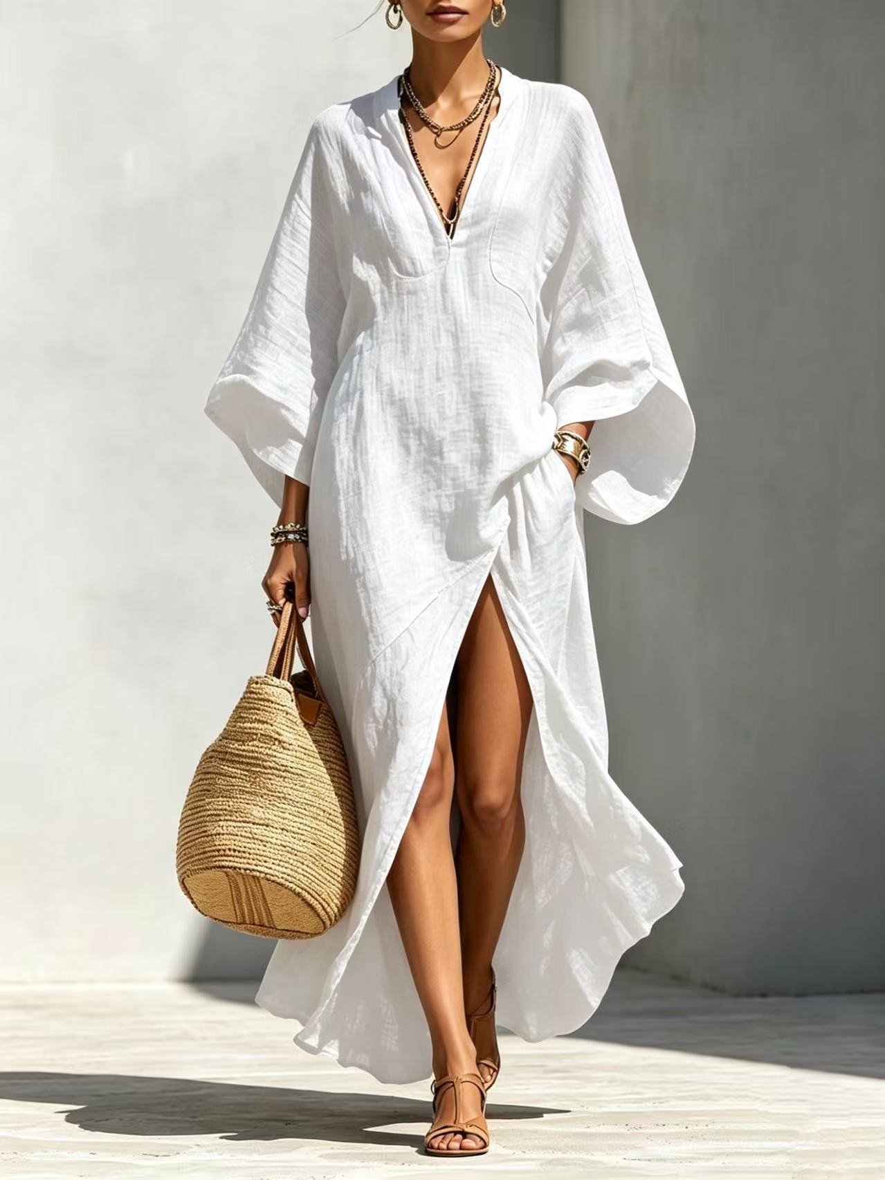 Elegant Resort | White Maxi Dress with Batwing Sleeves | Effortless Style for Any Occasion