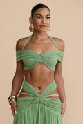 Elegant Sage Off-Shoulder Crop Top with Sweetheart Neckline for Stylish Comfort