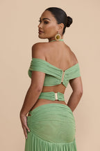 Elegant Sage Off-Shoulder Crop Top with Sweetheart Neckline for Stylish Comfort
