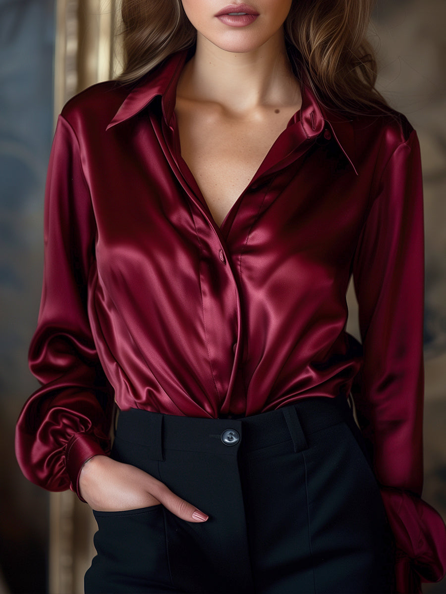 Satin Long-Sleeve Lapel Blouse — Women's
