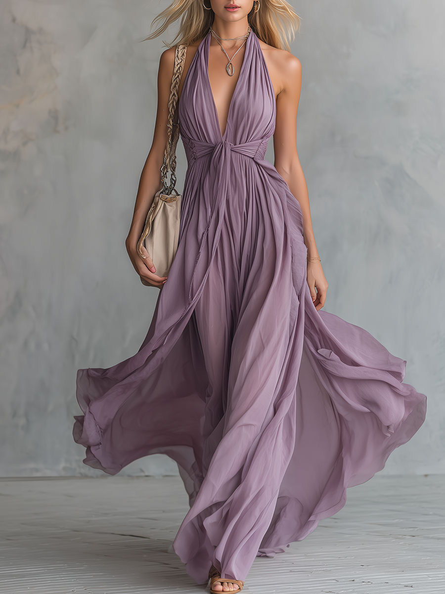 Elegant Sleeveless Maxi Dress with Halter Neckline | A-line Style for Effortless Formal Occasions