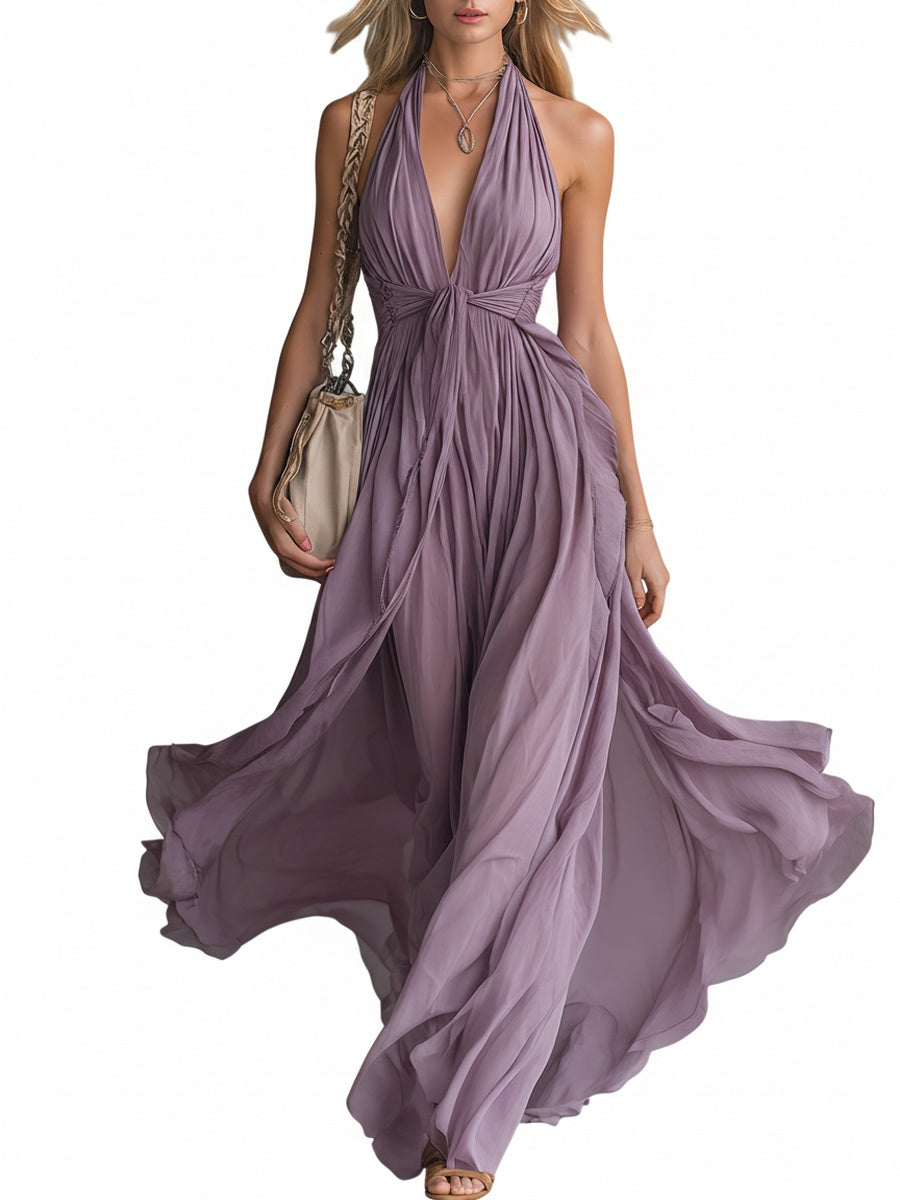 Elegant Sleeveless Maxi Dress with Halter Neckline | A-line Style for Effortless Formal Occasions