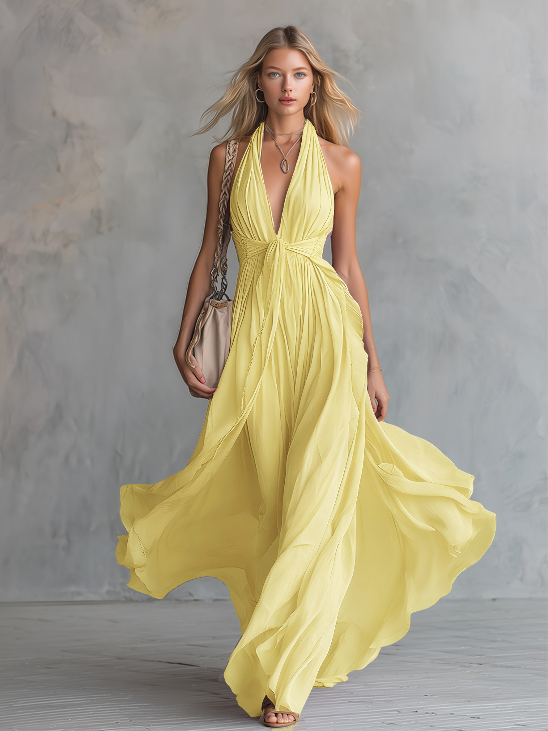 Elegant Sleeveless Maxi Dress with Halter Neckline | A-line Style for Effortless Formal Occasions